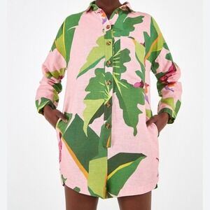FARM Rio NWT XSize Small Linen Pink &  Green Tropical Leaf Print workwear Romper